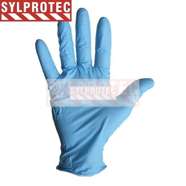 3.8 mils ambidextrous powder-free blue nitrile disposable gloves approved by the CFIA & AAC. Size: small (7) to XL (10)