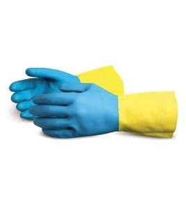 Latex and neoprene gloves, resistant to solvents, flock lined, 28 mil thick, 12” long, size large (9), 12 pairs/package.
