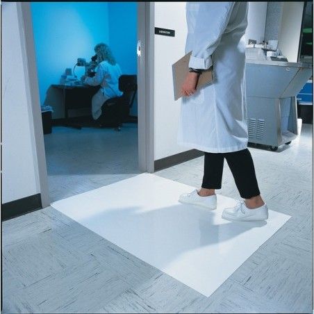 White tacky mat with 120 polyethylene disposable tacky sheets. Cleans shoe soles. 18"x 45”. 4 x 30 sheets.