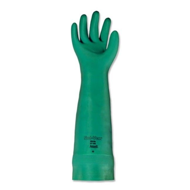 Long green nitrile gloves, resistant to chemicals, powder-free, 22 mils thick, size large (9). Long green nitrile gloves, resistant to chemicals, powder-free, 22 mils thick, size large (9).
