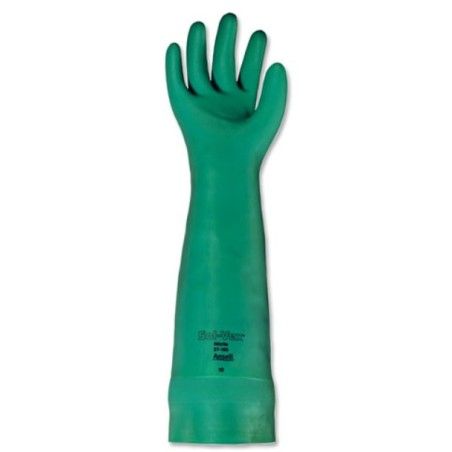 Long green nitrile gloves, resistant to chemicals, powder-free, 22 mils thick, size large (9).