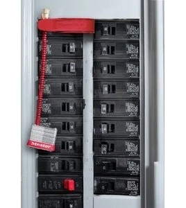 Circuit breaker switch padlock with flexi-cable that provides the flexibility to lock out in tight space.