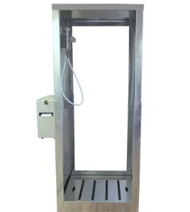 Portable aluminium decontamination shower for asbestos abatement workers (34 x 30 x 83 inches).
