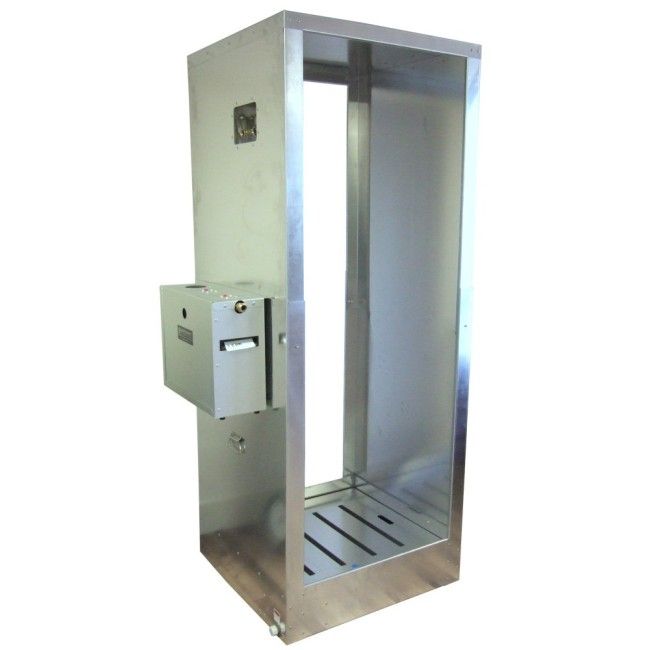 Portable aluminium decontamination shower for asbestos abatement workers (34 x 30 x 83 inches).