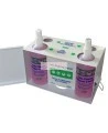Lens cleaning station with cleaning tissues and lens solution.