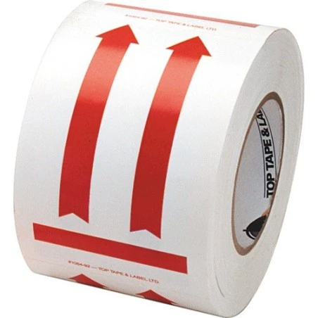 Label "DIRECTIONAL ARROW RED" 4 in x 6 in, roll  of 500. Allow to indicate the direction to move the box during shipping.