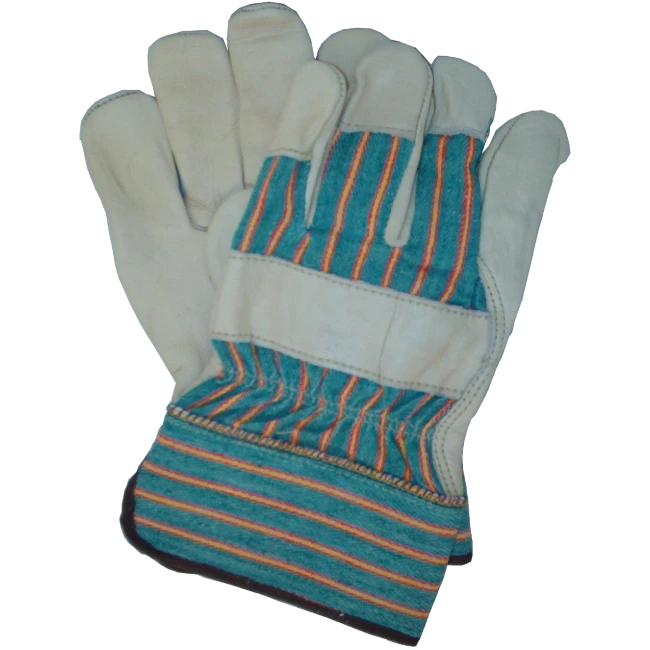 Cowhide work gloves with cotton backing, lining and wide rubberized cuffs.