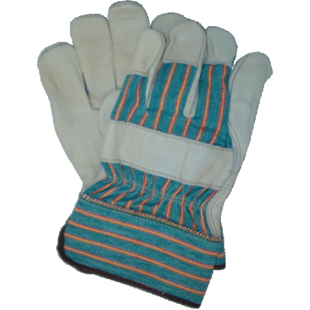 Cowhide work gloves with cotton backing, lining and wide rubberized cuffs.