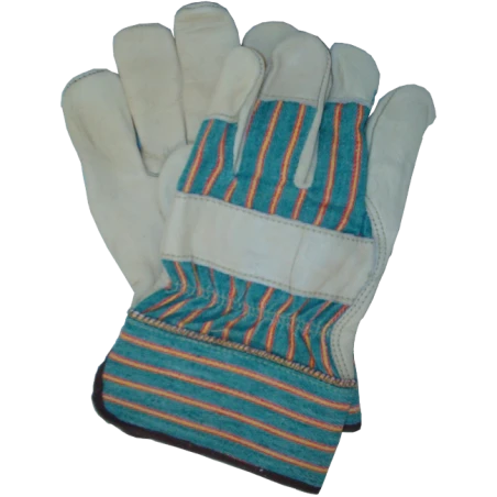 Cowhide work gloves with cotton backing, lining and wide rubberized cuffs.