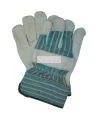 Cowhide work gloves with cotton backing, lining and wide rubberized cuffs.