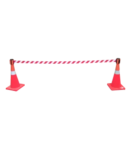 Tensacone traffic cone topper with retractable red & white striped barrier belt, max length 13 feet (4 m).
