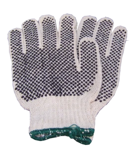 Cost-effective 7-gauge two side PVC dotted polycotton string knit gloves approved by the CFIA. Size: X-small (6) to X-large (10)