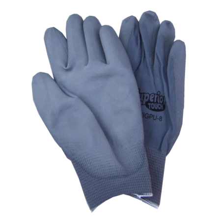 Gray nylon gloves coated with polyurethane for great dexterity, 12 pairs/package.