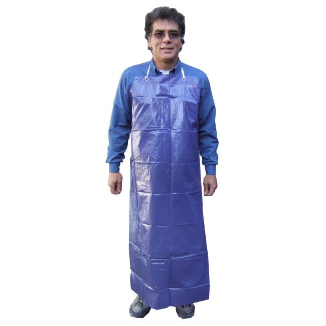 Economical blue PVC apron, 35 inches X 45 inches, 5 mils thick. Sold by dozen. Economical blue PVC apron, 35 inches X 45 inches, 5 mils thick. Sold by dozen.