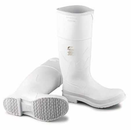 Waterproof white PVC boots with steel toes and anti-slip soles,   compliant with ASTM F2413-05 standards.
