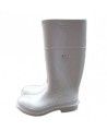 Waterproof white PVC boots with steel toes and anti-slip soles,   compliant with ASTM F2413-05 standards.