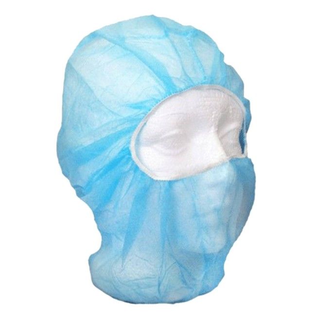 Disposable balaklava hood made of blue polypropylene, latex free, 500/case. Disposable balaklava hood made of blue polypropylene, latex free, 500/case.