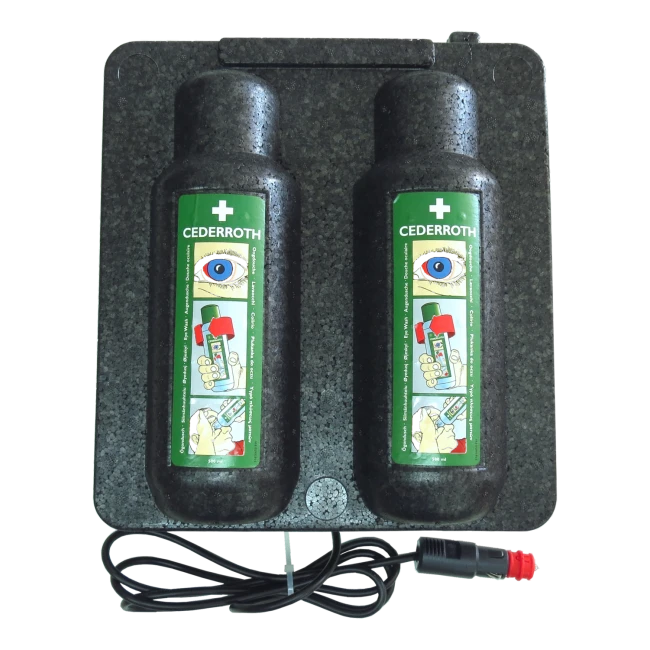 Heating cabinet for two bottles of Cederroth eyewash solution, 500 ml format.