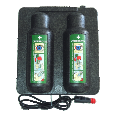 Heating cabinet for two bottles of Cederroth eyewash solution, 500 ml format.