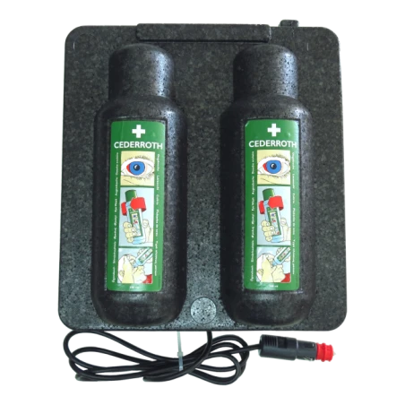 Heating cabinet for two bottles of Cederroth eyewash solution, 500 ml format.