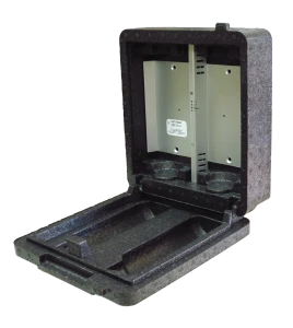 Heating cabinet for two bottles of Cederroth eyewash solution, 500 ml format.