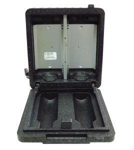 Heating cabinet for two bottles of Cederroth eyewash solution, 500 ml format.