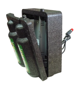Heating cabinet for two bottles of Cederroth eyewash solution, 500 ml format.