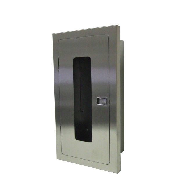 Semi-recessed stainless steel cabinet for 5 lbs powder fire extinguishers. Great for food industry. Semi-recessed stainless steel cabinet for 5 lbs powder fire extinguishers. Great for food industry.