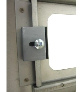 Semi-recessed stainless steel cabinet for 5 lbs powder fire extinguishers. Great for food industry.