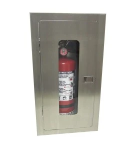 Semi-recessed stainless steel cabinet for 5 lbs powder fire extinguishers. Great for food industry.