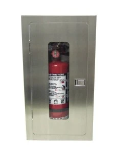 Semi-recessed stainless steel cabinet for 5 lbs powder fire extinguishers. Great for food industry.