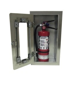 Semi-recessed stainless steel cabinet for 5 lbs powder fire extinguishers. Great for food industry.