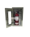 Semi-recessed stainless steel cabinet for 5 lbs powder fire extinguishers. Great for food industry.