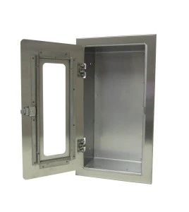 Semi-recessed stainless steel cabinet for 5 lbs powder fire extinguishers. Great for food industry.