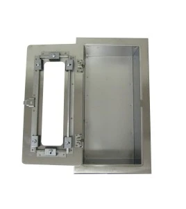 Semi-recessed stainless steel cabinet for 5 lbs powder fire extinguishers. Great for food industry.