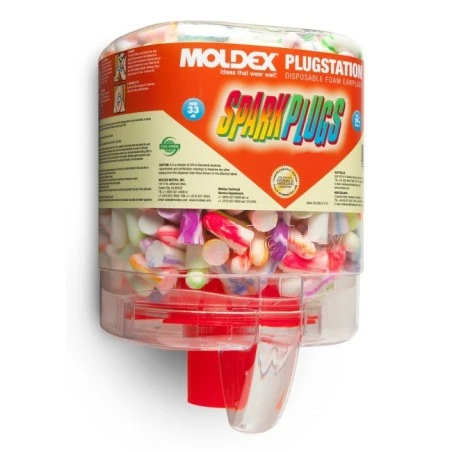 Moldex PlugStation dispenser of SparkPlugs uncorded earplugs, 33 dB, 250 pairs included.