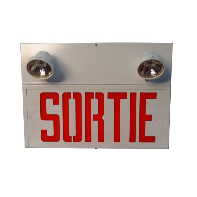 Unité d'éclairage combinée «Sortie» d'urgence avec 2 phares. Unité d'éclairage combinée «Sortie» d'urgence avec 2 phares.