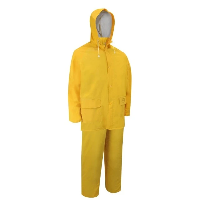 Yellow PVC three-piece rain suit (coat, hood, bib overalls), size large (L). Yellow PVC three-piece rain suit (coat, hood, bib overalls), size large (L).