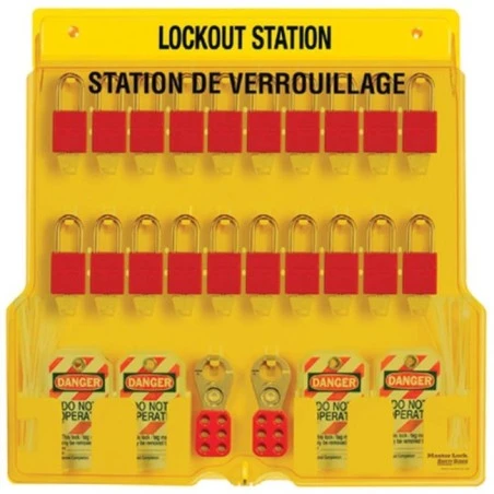 Station de verrouillage avec cadenas stratifiés 20 cadenas, 4 moraillons et 48 étiquettes danger ne pas opérer (bilingue).