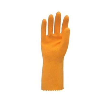 Natural orange rubber latex unsupported textured & flock-lined safety glove. 13 in long and 30 mils thick.
