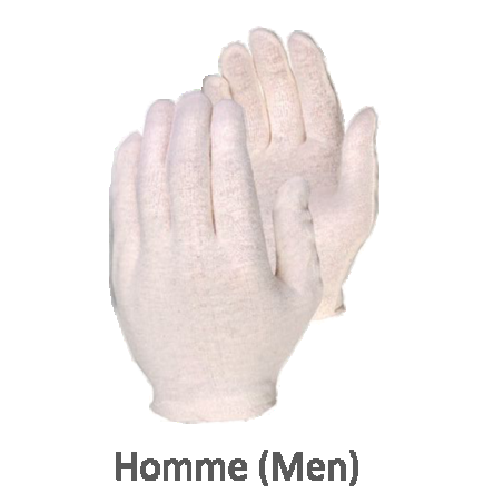 Mens’ inspection gloves, medium-weight unbleached cotton.