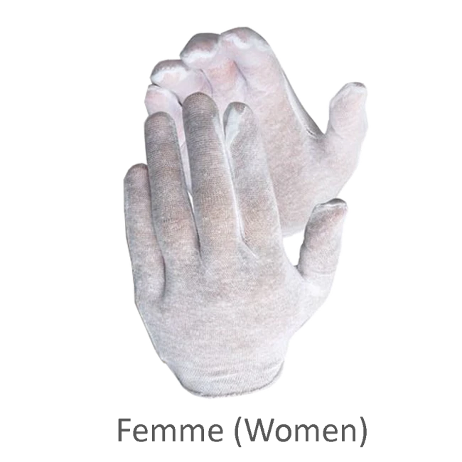 Gants d’inspection en coton mince, couleur blanche, grandeur pour femmes.