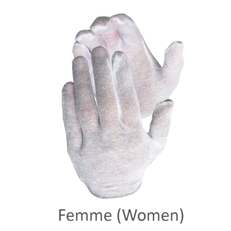 Gants d’inspection en coton mince, couleur blanche, grandeur pour femmes.