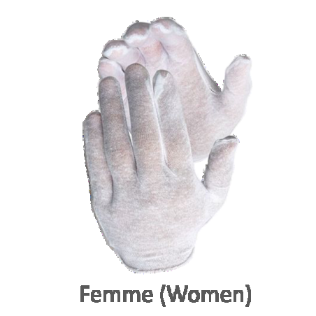 Ladies’ inspection gloves, lightweight bleached cotton.