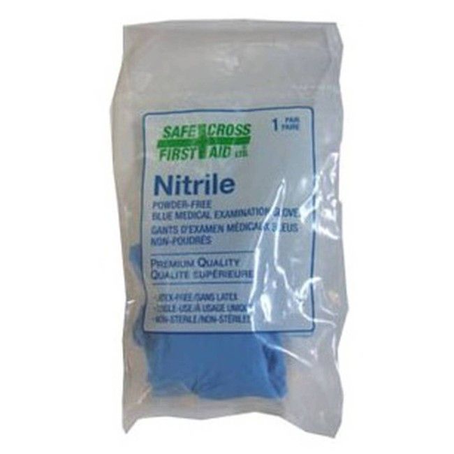Powder-free 4 mils nitrile medical class 2 gloves for first aid kits. Large one-size-fits-all. Sold in pairs. Powder-free 4 mils nitrile medical class 2 gloves for first aid kits. Large one-size-fits-all. Sold in pairs.