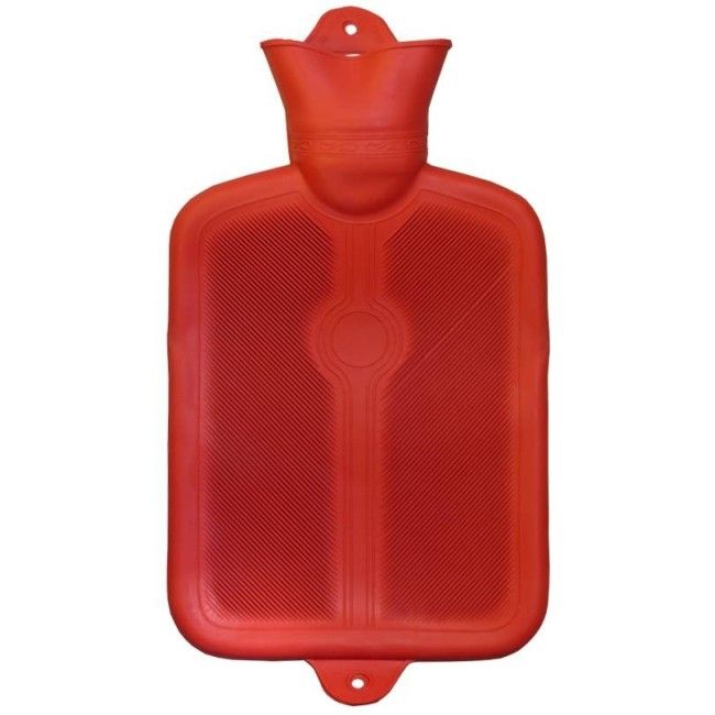 Bouillotte en caoutchouc rouge pour thérapie à la chaleur, capacité 2 litres (0.55 gallons US). Bouillotte en caoutchouc rouge pour thérapie à la chaleur, capacité 2 litres (0.55 gallons US).