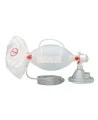Masque réanimateur avec ballon auto-gonflant, pompe à main et tuyau de rattachement.