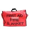 Fireproof gray wool blanket in red nylon carry bag with English label.