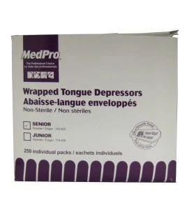 Non-sterile wooden tongue depressors, wrapped individually, 250/box.