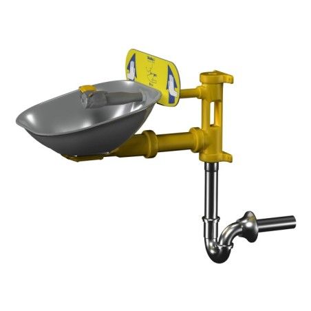 Bradley wall-mounted Halo eye wash with stainless steel bowl, tailpiece and P-trap, certified ANSI Z358.1-2009.
